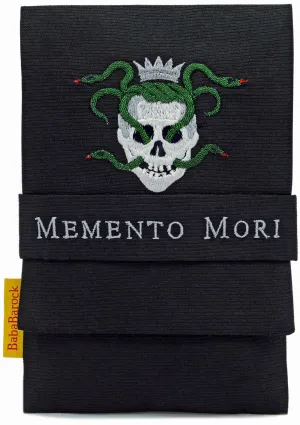 Skull & Snakes foldover pouch in silk. Large-format size.