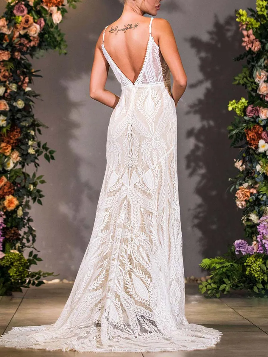V Neck Sheath Wedding Dress Affordable Slip Lace Sleeveless