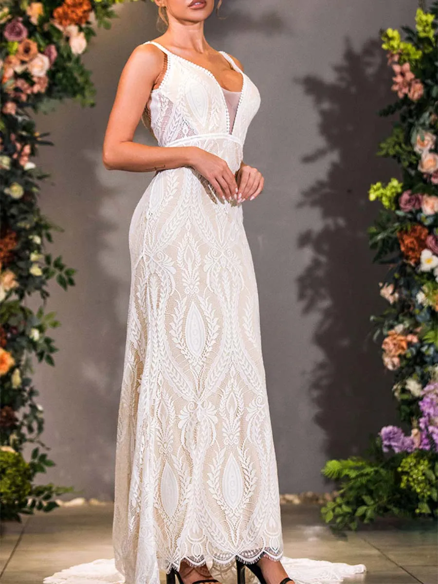 V Neck Sheath Wedding Dress Affordable Slip Lace Sleeveless