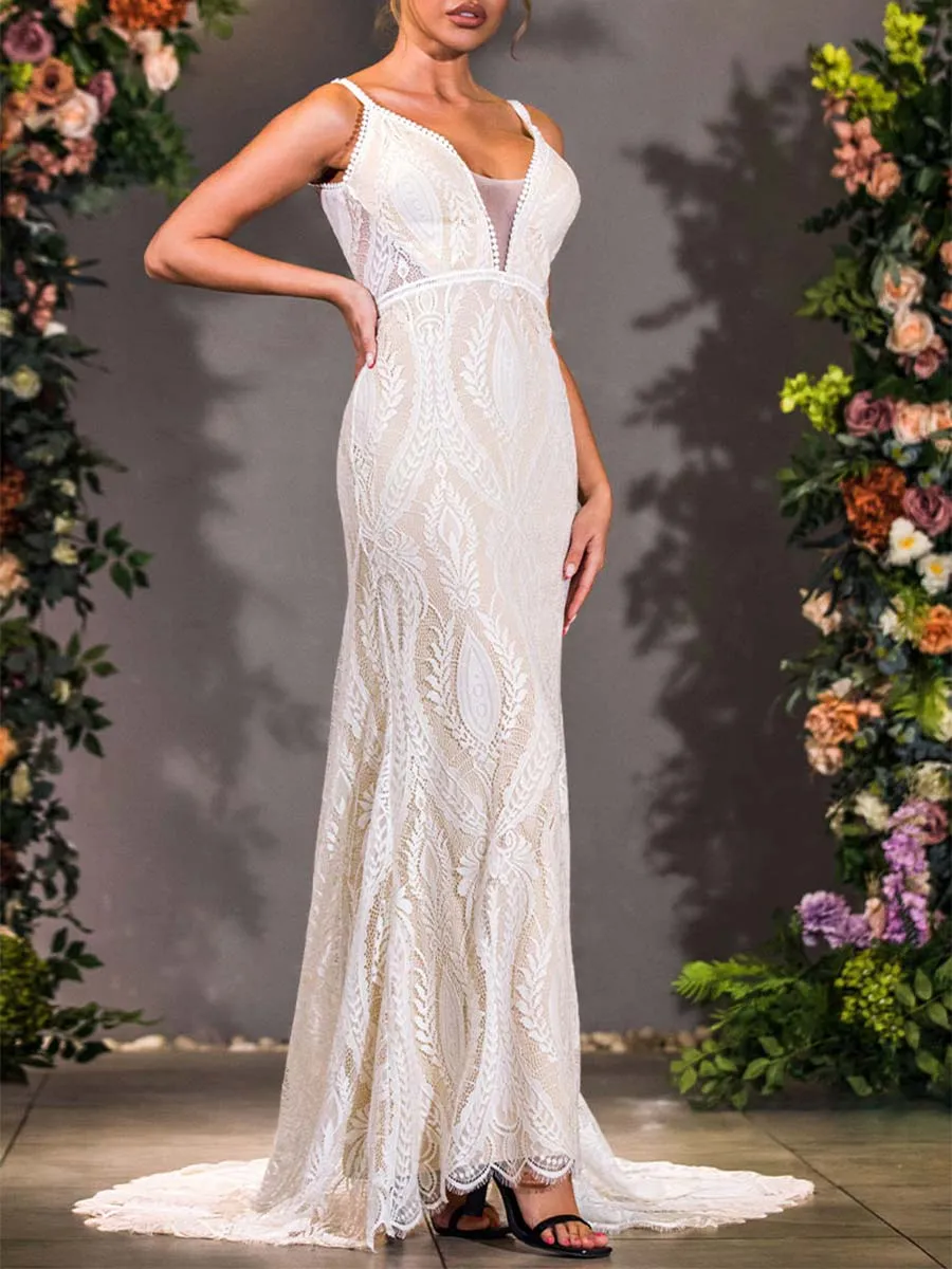 V Neck Sheath Wedding Dress Affordable Slip Lace Sleeveless