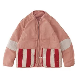Vintage Zipper V-neck Stripe Jacket - Color Matching Casual Loose Breathable Coat